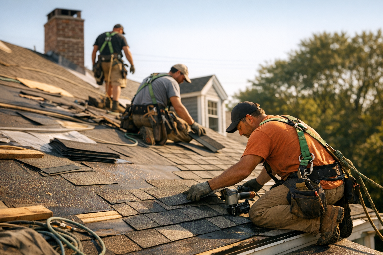 Roofing crew installing shingles on a Massachusetts home with clear blue sky background
