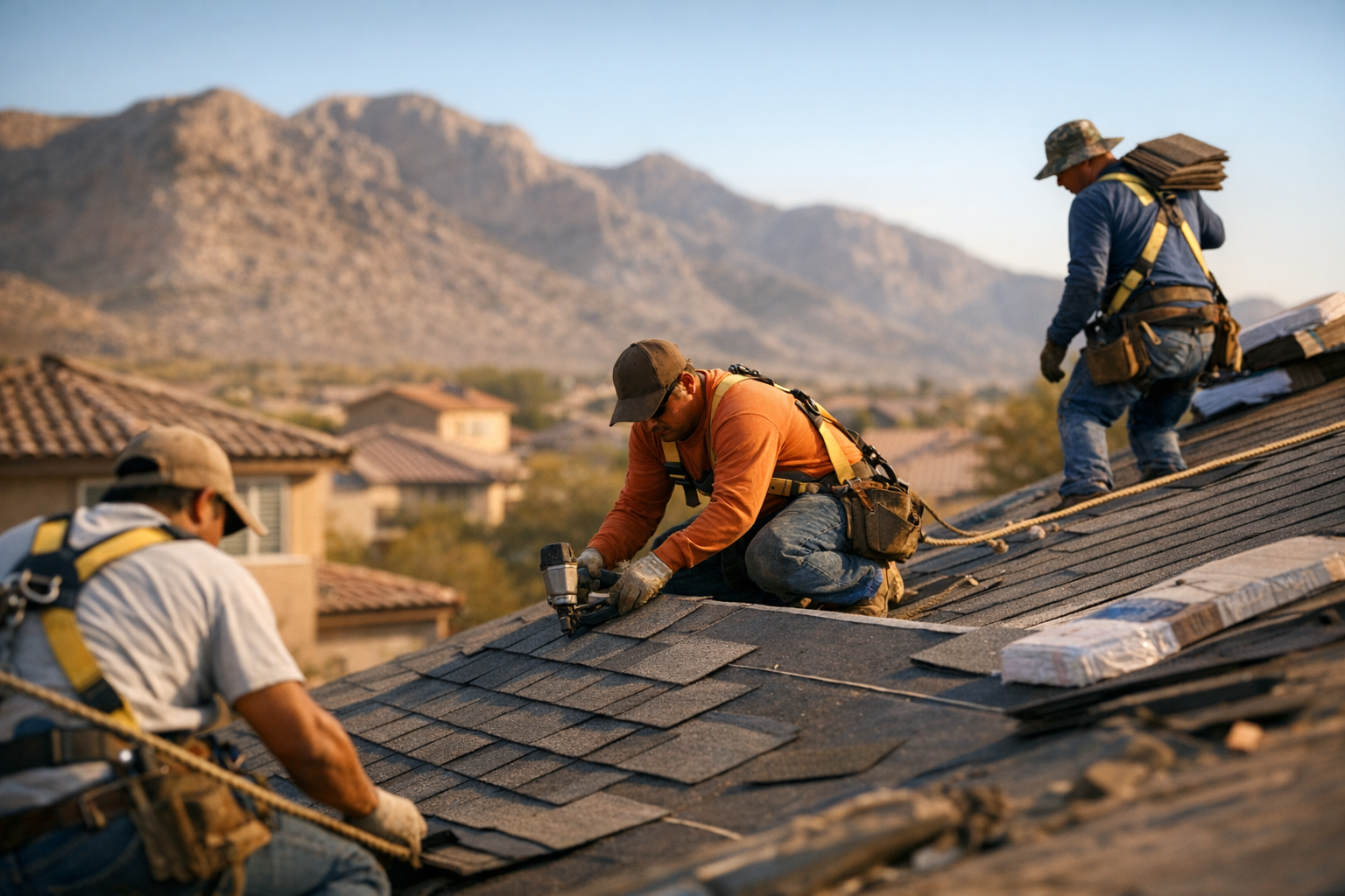 Roofing crew installing shingles on a Nevada home with clear blue sky background