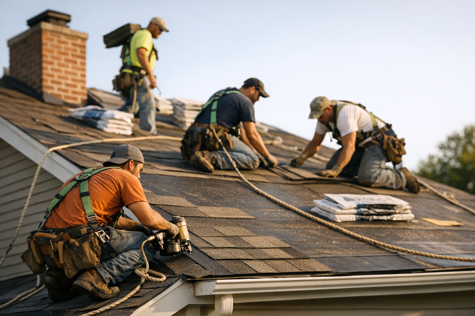 Roofing crew installing shingles on a New Jersey home with clear blue sky background