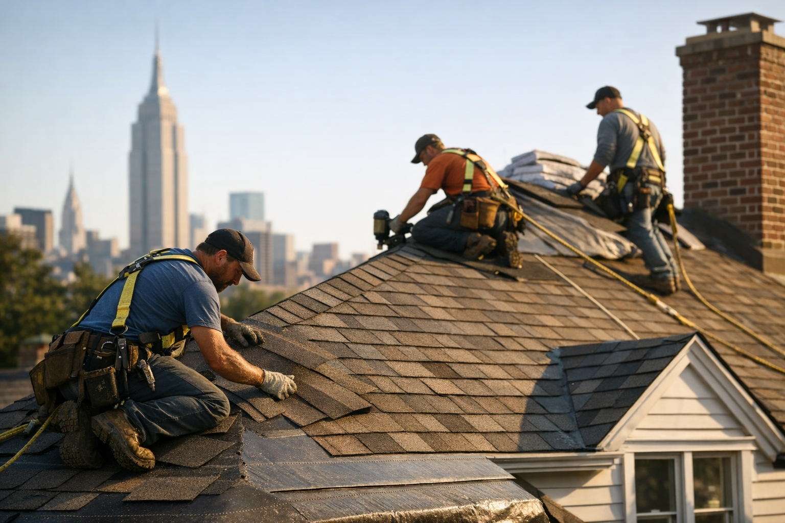 Roofing crew installing shingles on a New York home with clear blue sky background