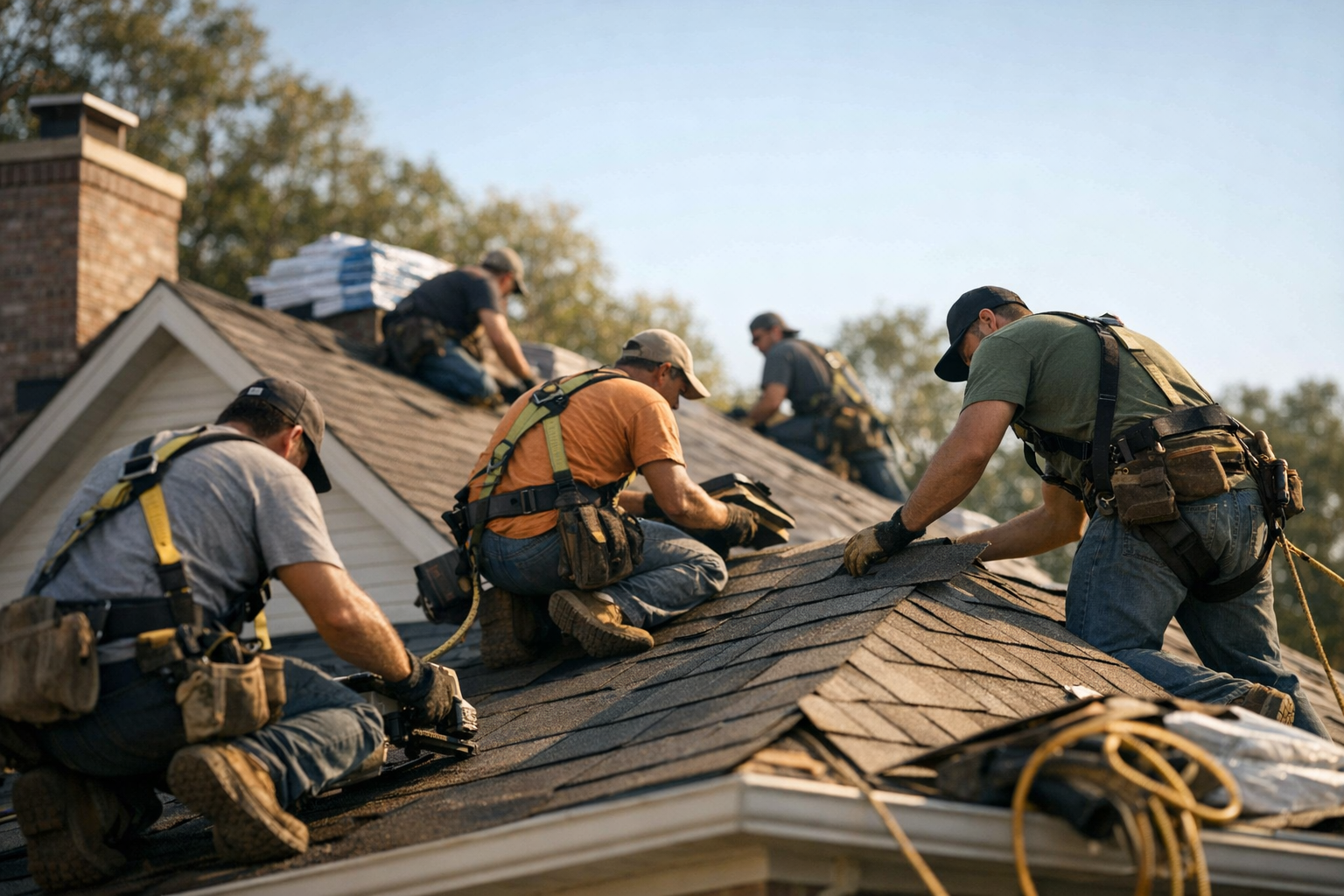 Roofing crew installing shingles on a North Carolina home with clear blue sky background