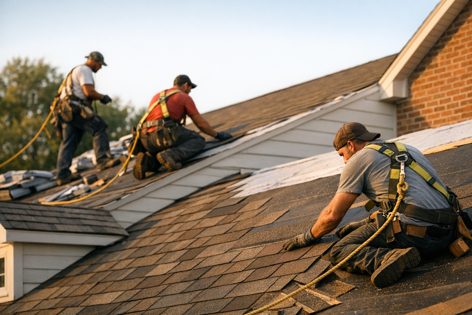 Roofing crew installing shingles on a Ohio home with clear blue sky background