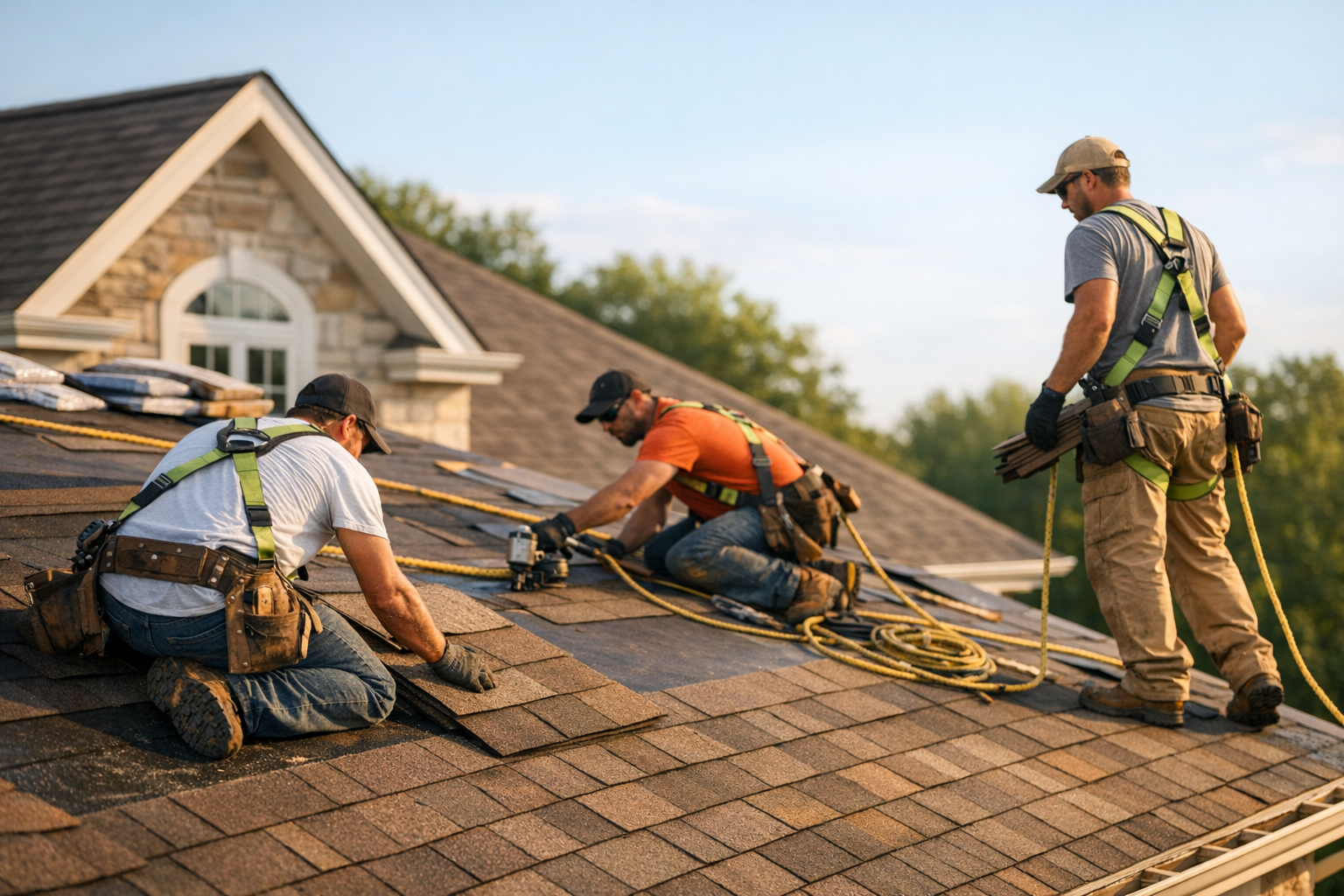 Roofing crew installing shingles on a Pennsylvania home with clear blue sky background
