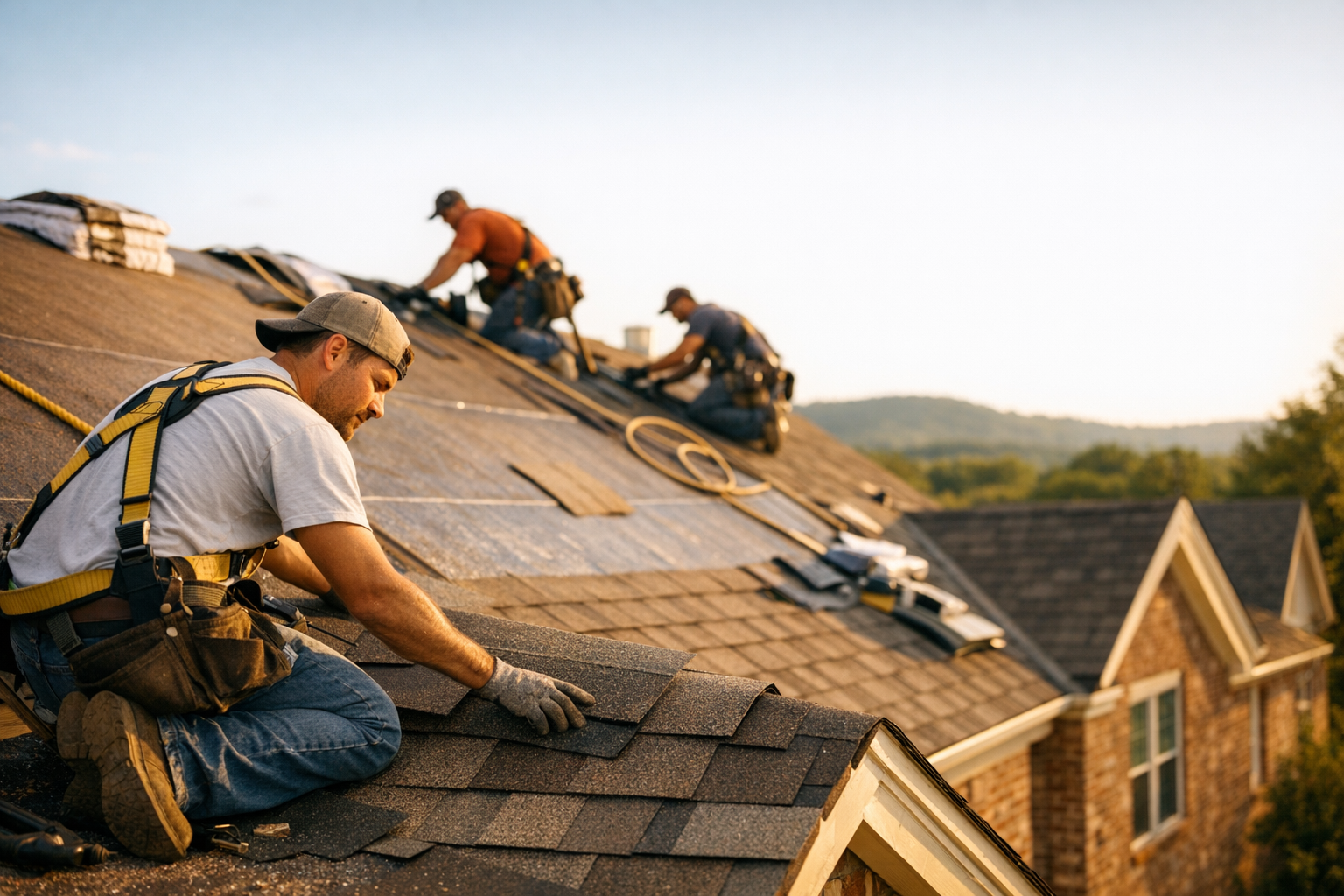 Roofing crew installing shingles on a Tennessee home with clear blue sky background