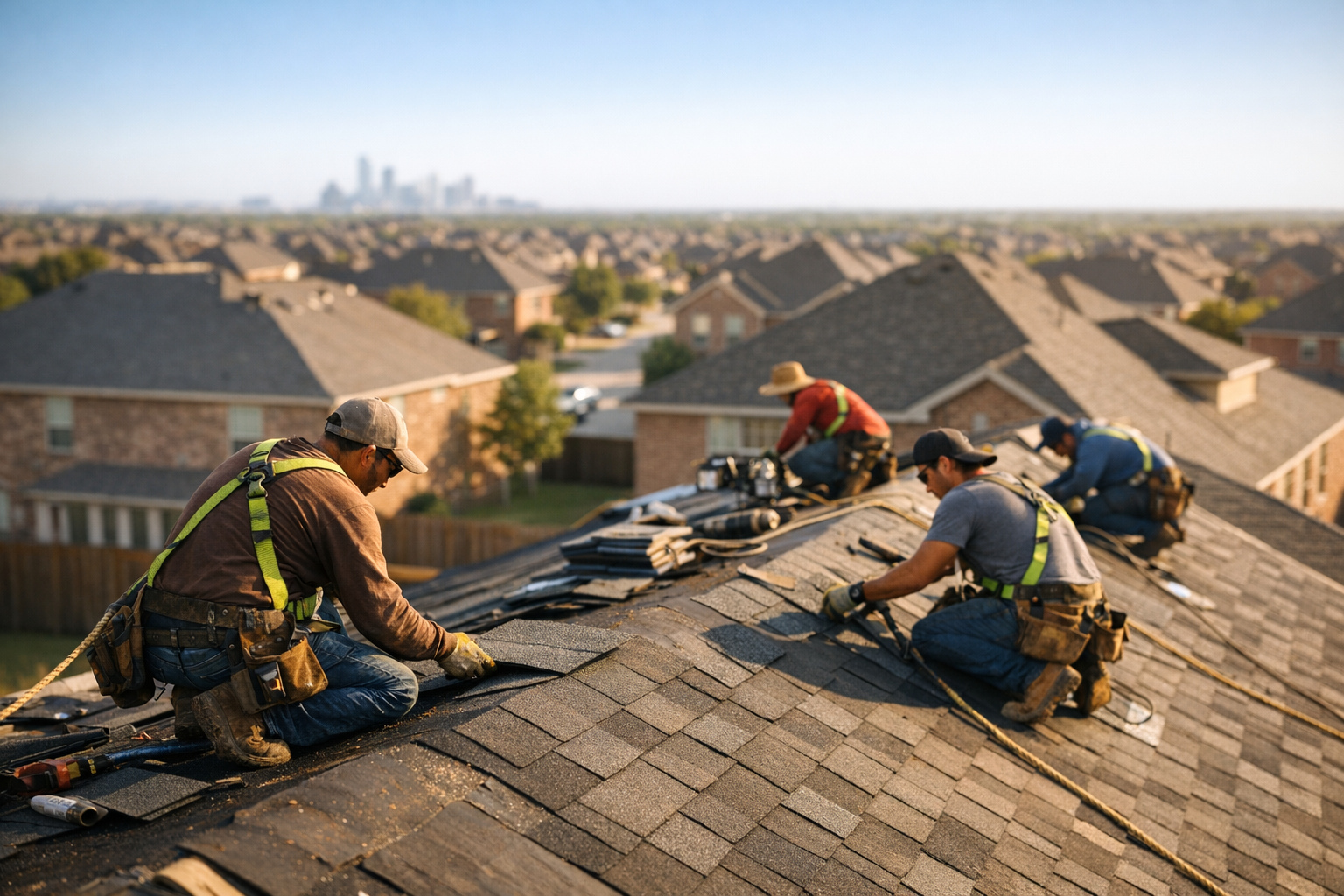 Roofing crew installing shingles on a Texas home with bright blue sky and Dallas-area suburban backdrop