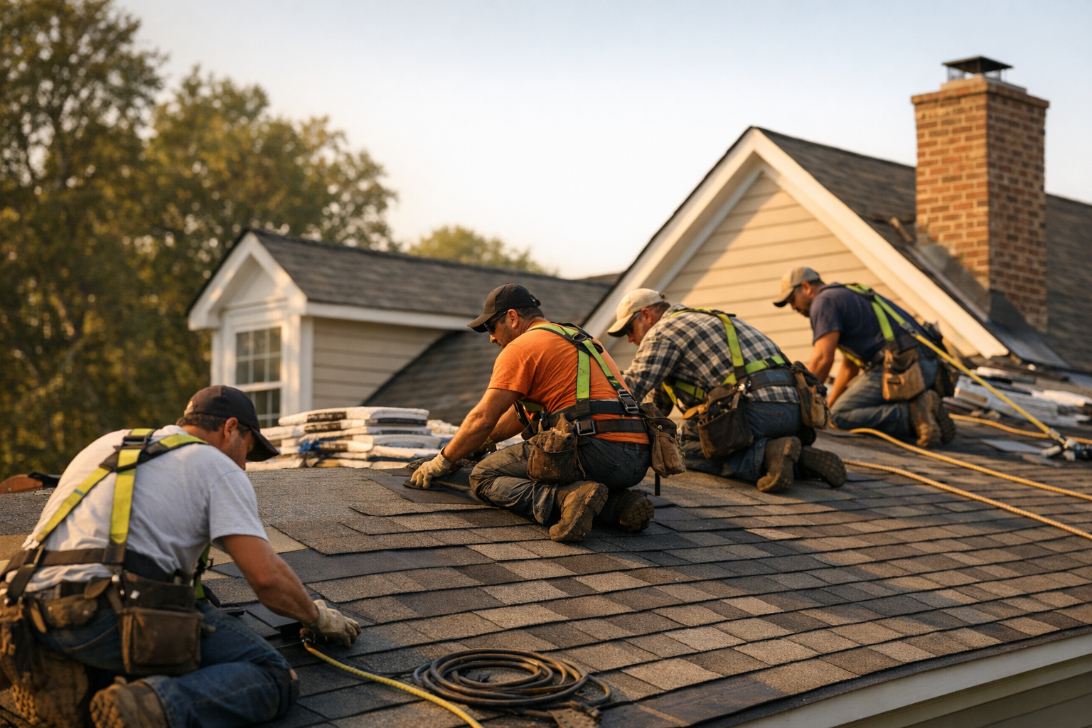 Roofing crew installing shingles on a Virginia home with clear blue sky background