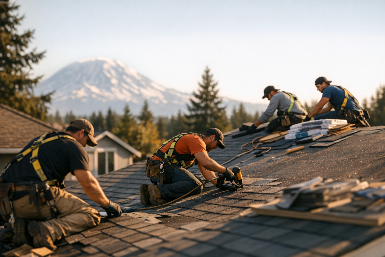 Roofing crew installing shingles on a Washington home with clear blue sky background