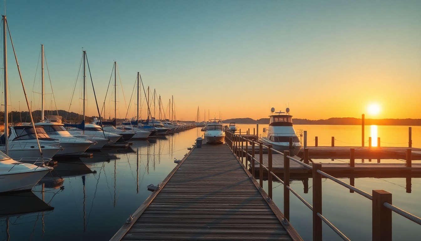 Marina dock at golden hour representing marina business sale and valuation