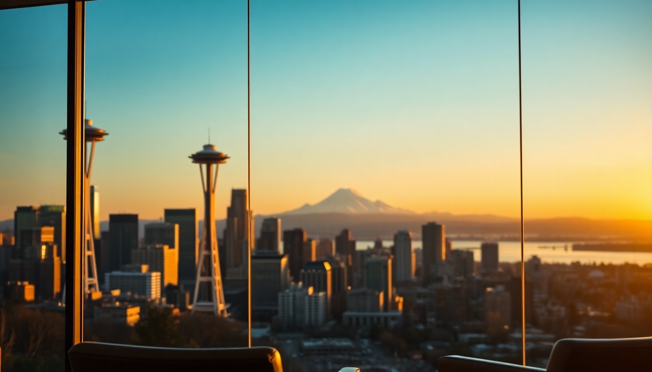 Seattle and Puget Sound skyline with Tacoma, Bellevue, Spokane and Vancouver WA representing the primary Washington M&A markets