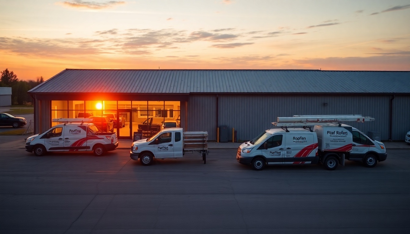 Roofing service operation in Iowa at golden hour
