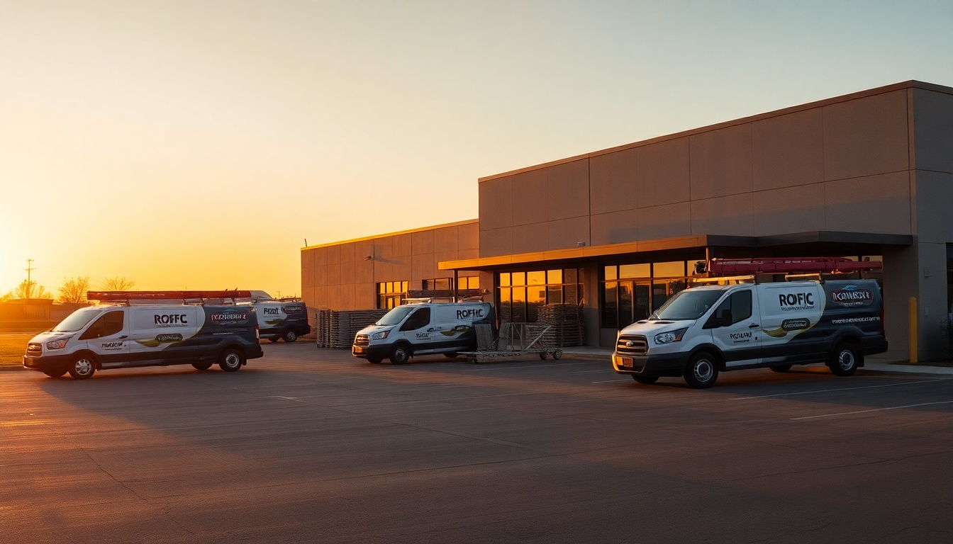 Roofing service operation in Nebraska at golden hour