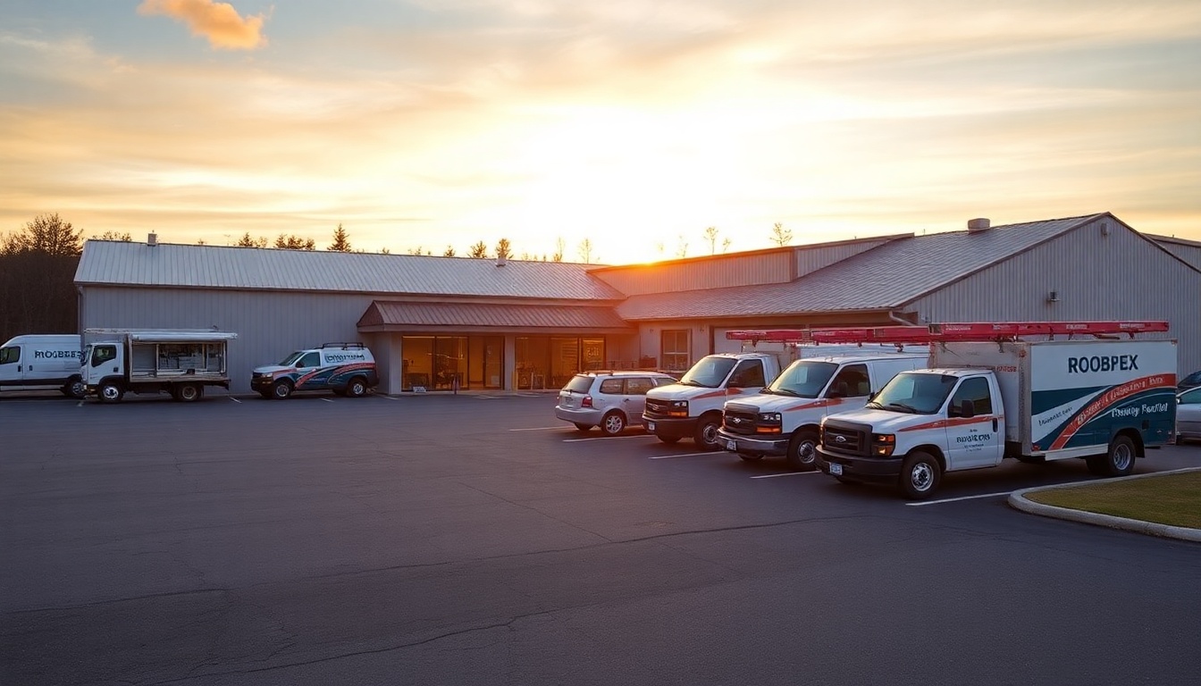 Roofing service operation in New Hampshire at golden hour