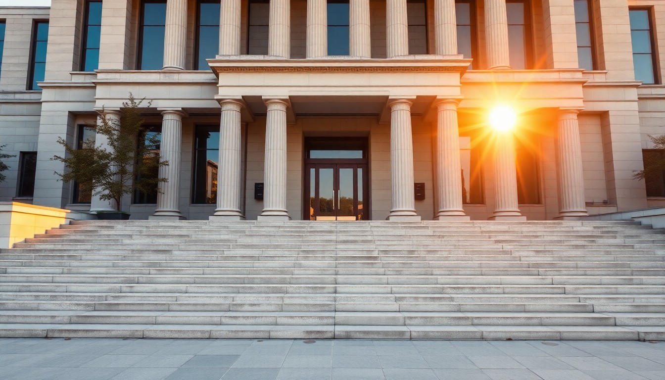 Courthouse exterior representing pending litigation in business sale