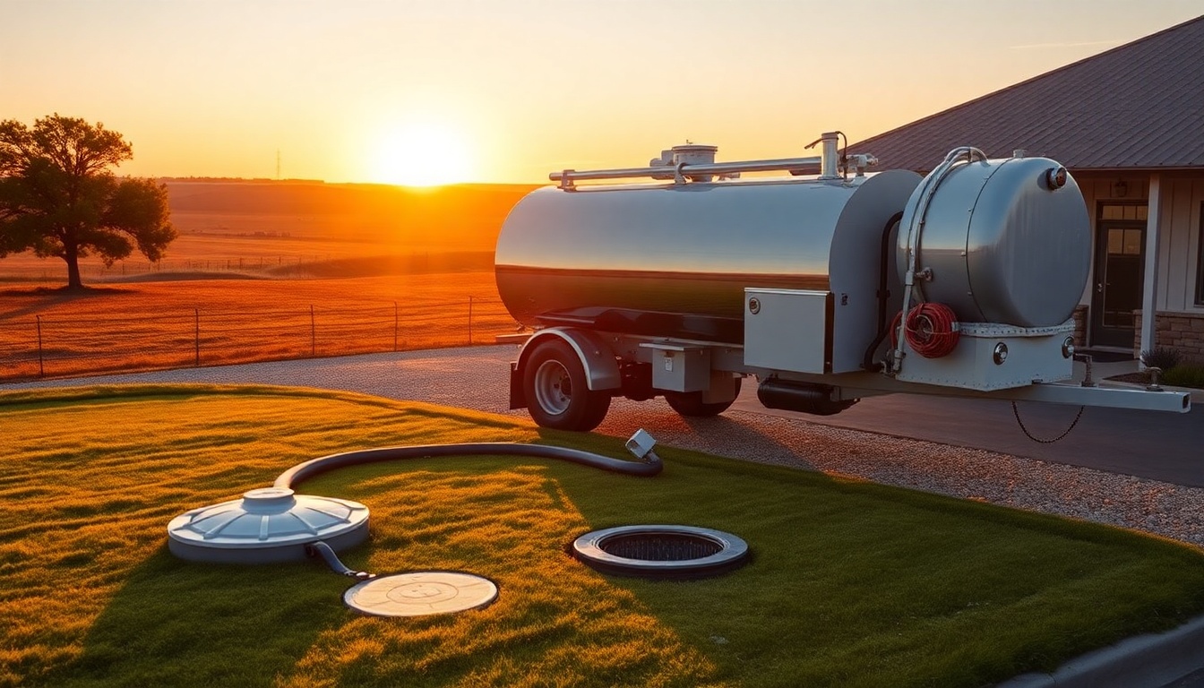Septic service operation in Texas at golden hour
