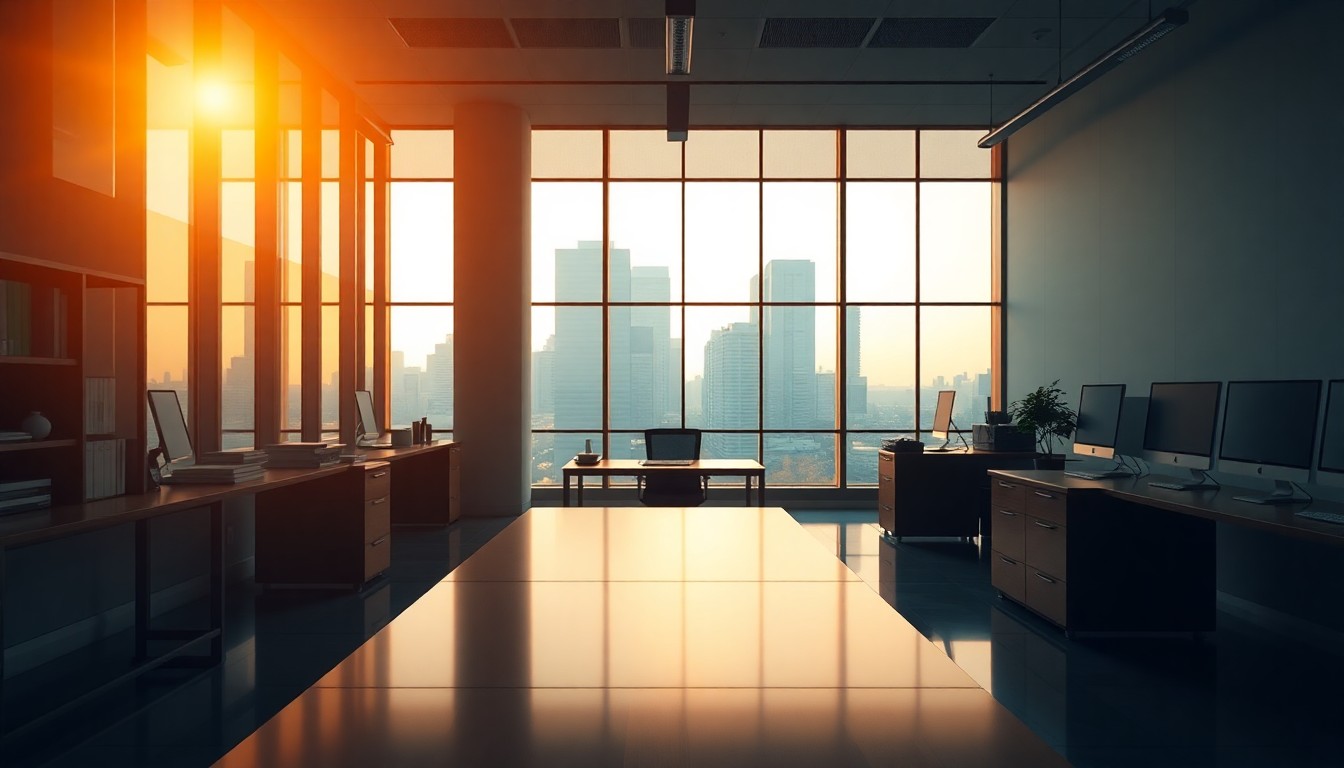 A modern office at golden hour