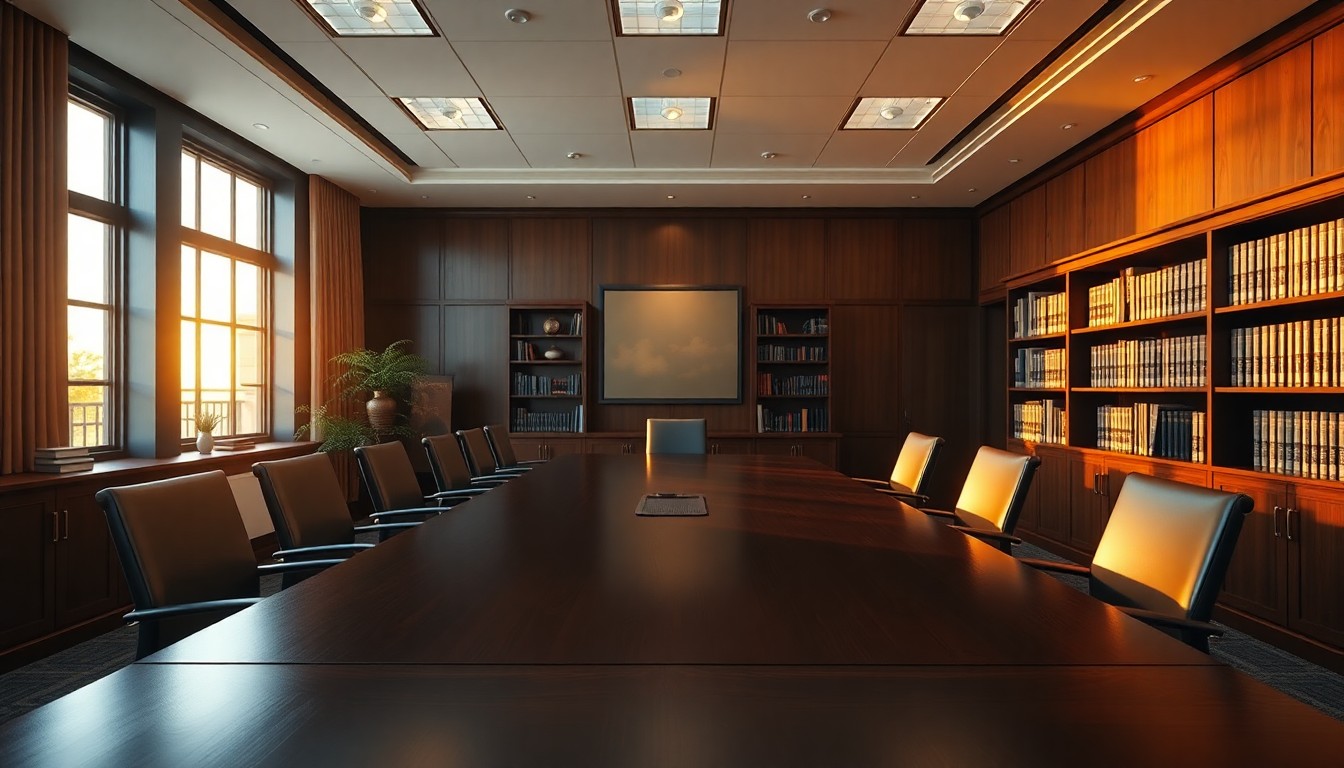 A law office conference room at golden hour