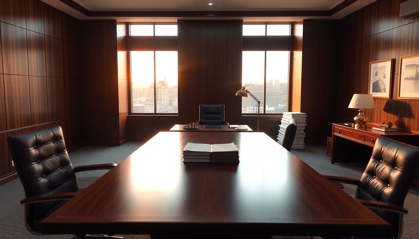 An M&A legal contract office at golden hour