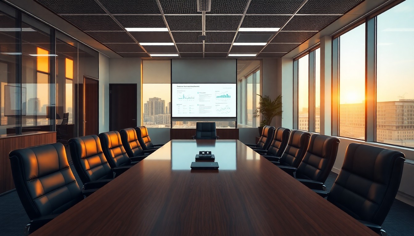 An M&A due diligence office at golden hour