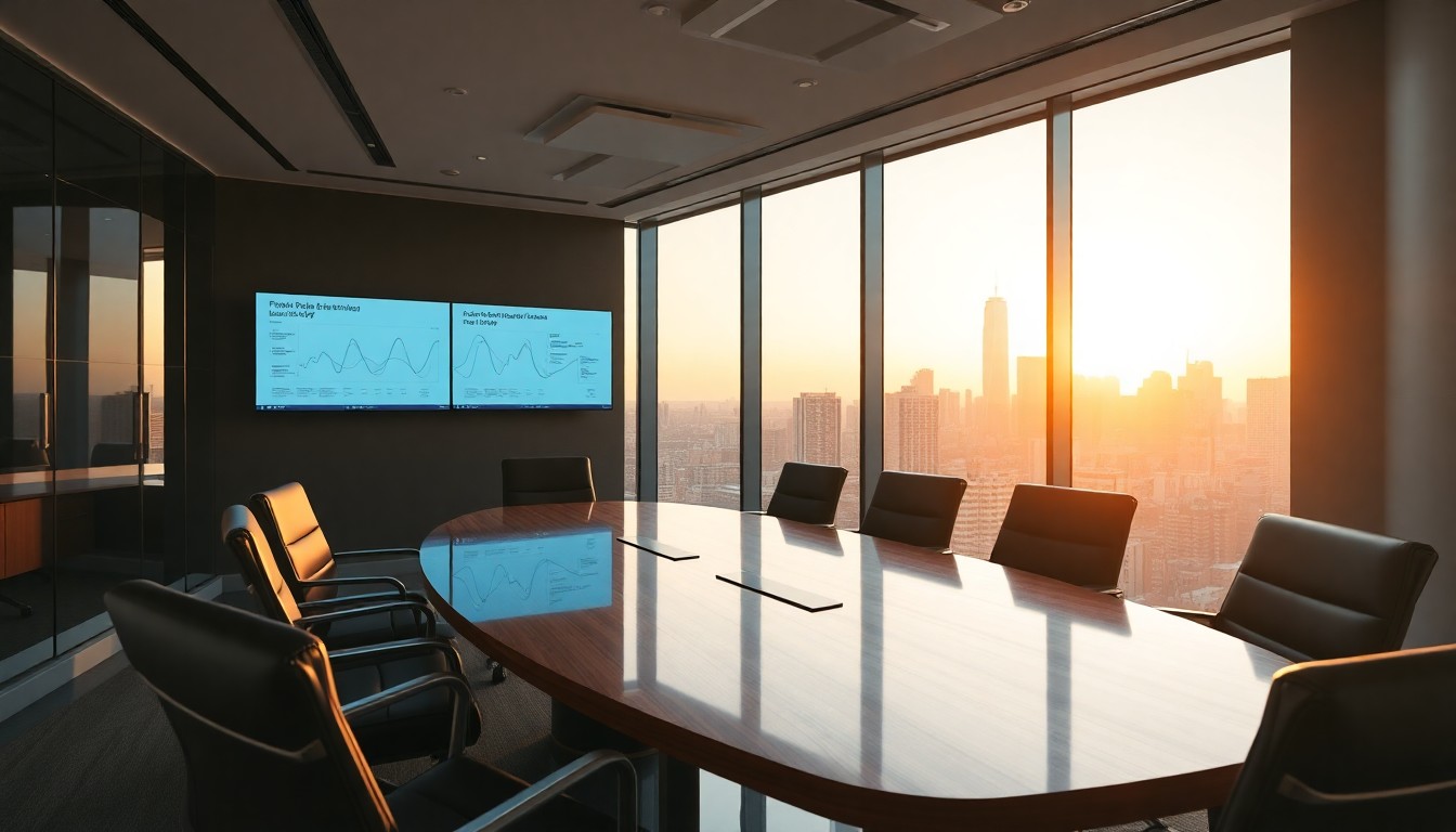 A PE firm M&A CRM office at golden hour