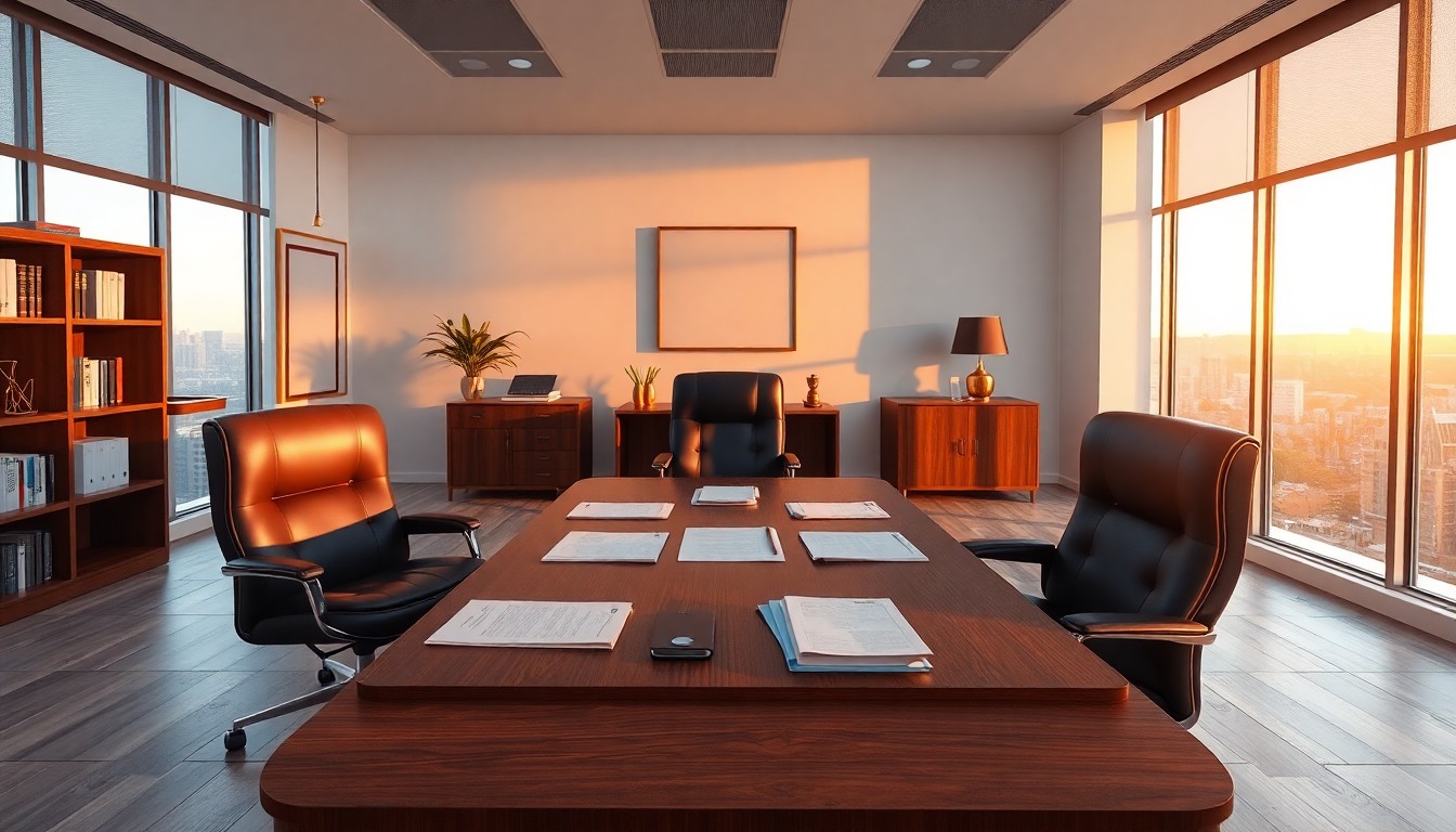 An insurance broker office at golden hour