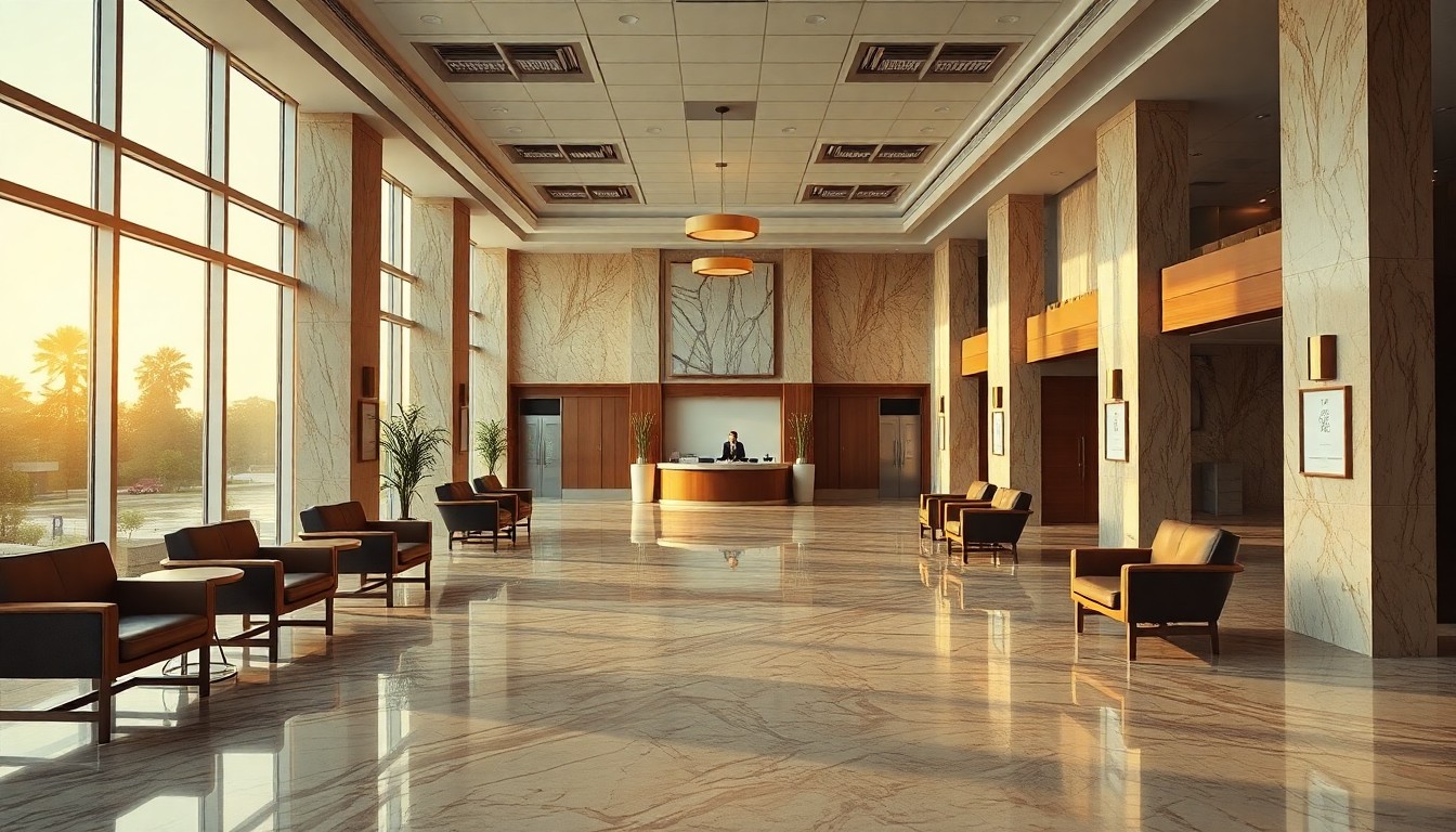 A community bank lobby at golden hour