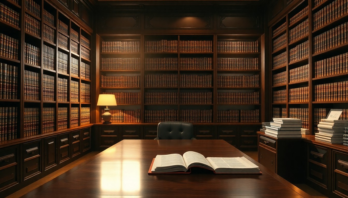 An executive law library at golden hour