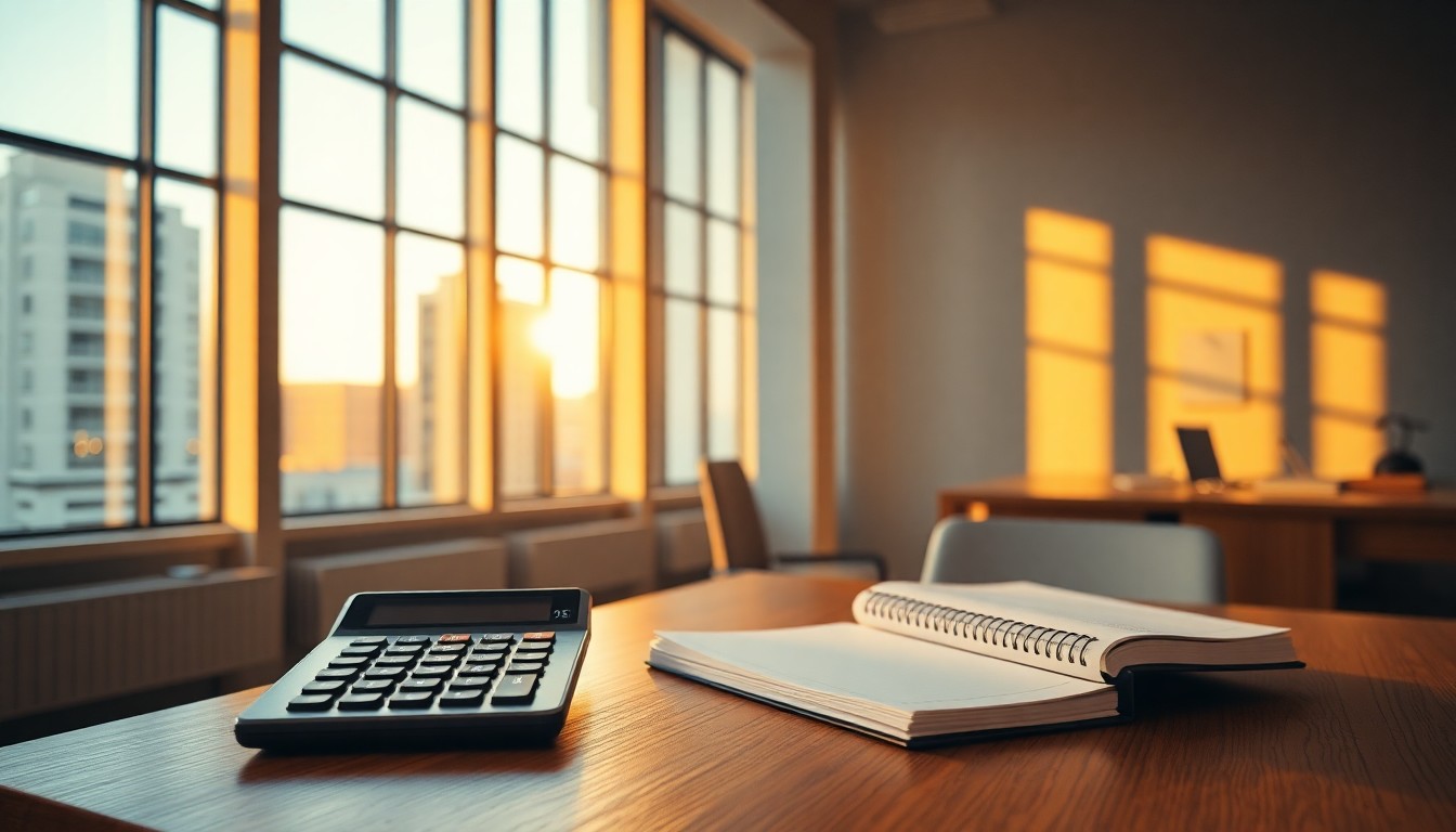 A desk with a calculator at golden hour