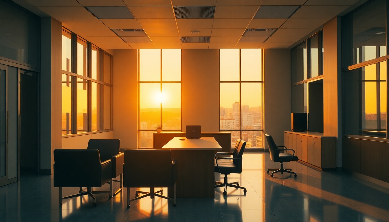 A modern bank office at golden hour