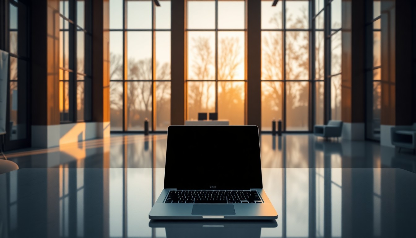 A modern bank office at golden hour