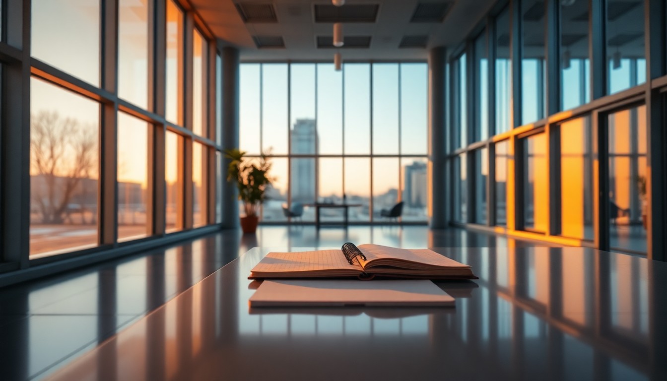 A modern office at golden hour