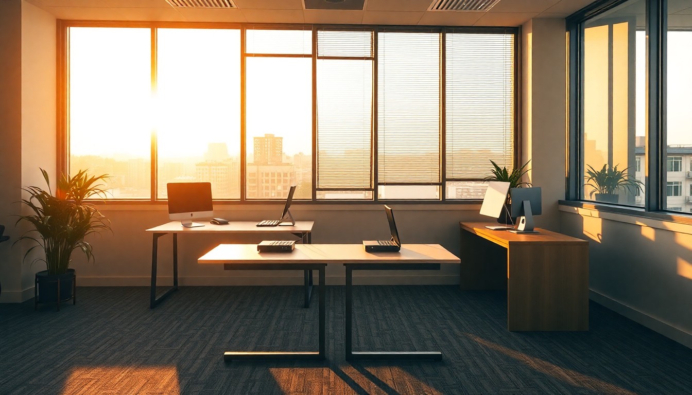 A small-business office at golden hour