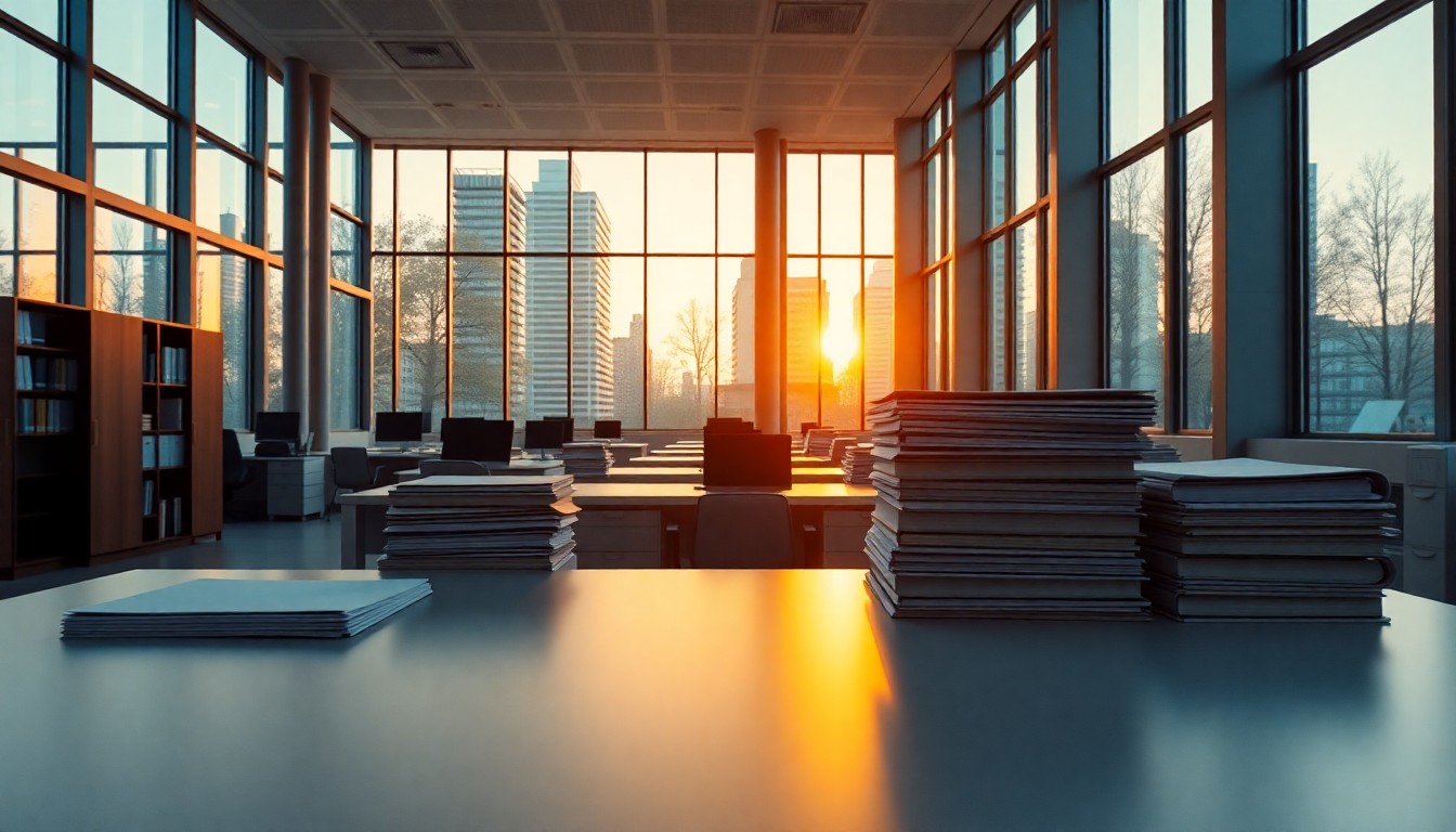 An office with organized files at golden hour