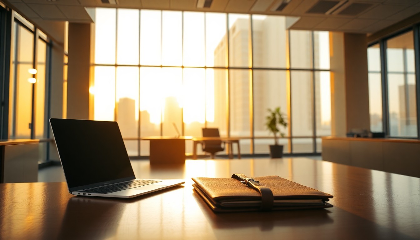 A professional office at golden hour