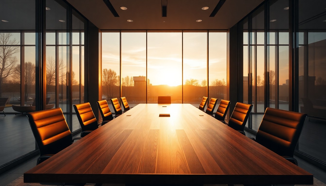 A modern conference room representing a business transaction in process