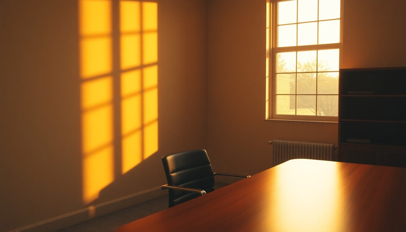 A quiet office at golden hour