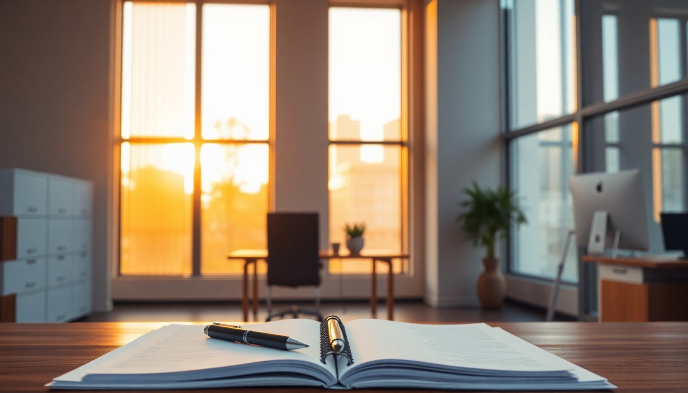 A modern office at golden hour