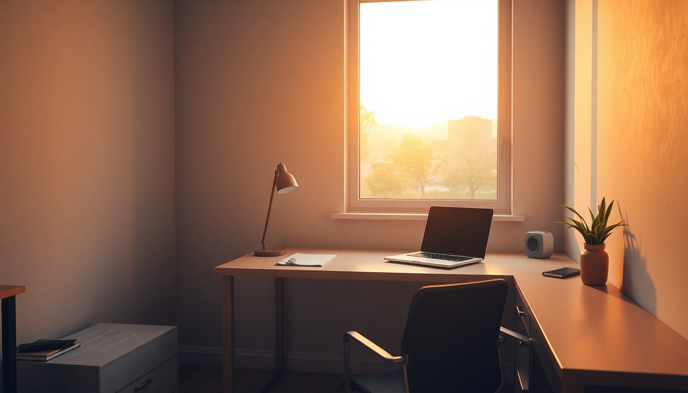 A home office at golden hour
