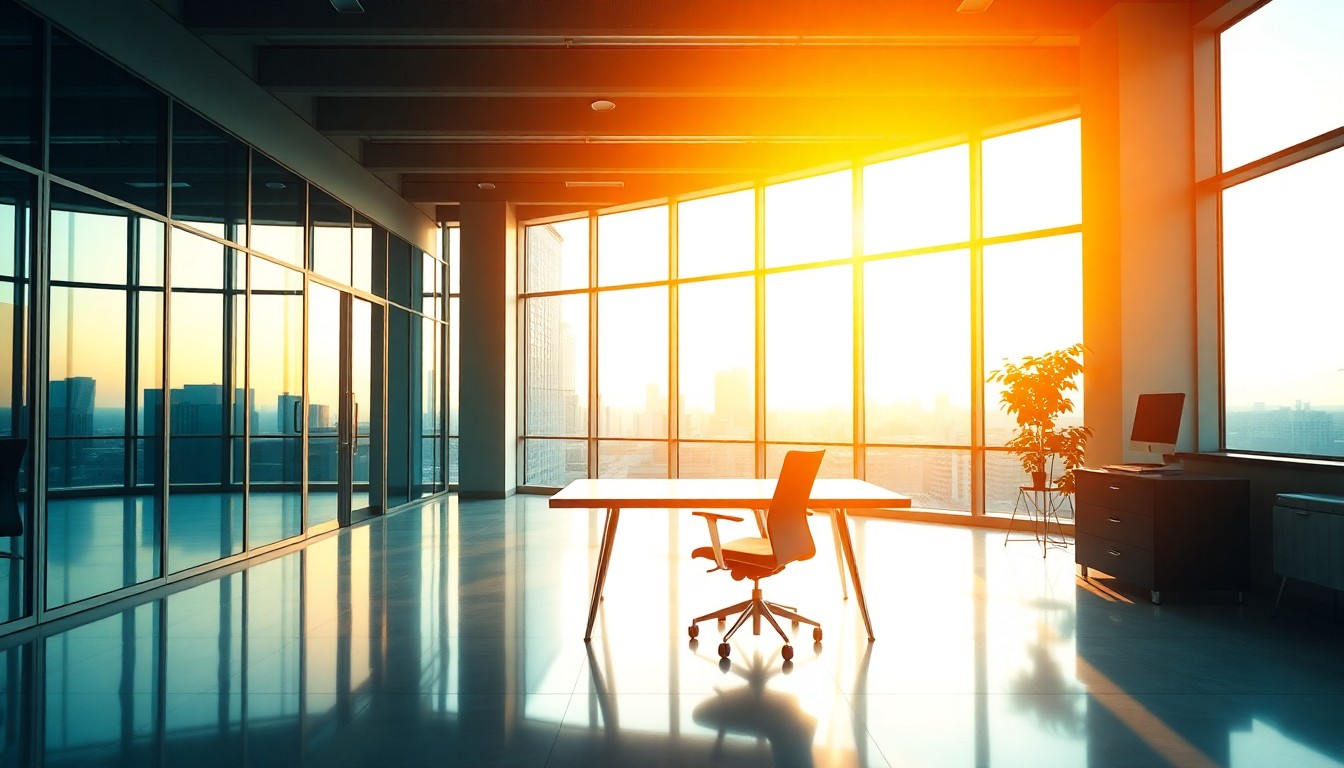 A modern office at golden hour