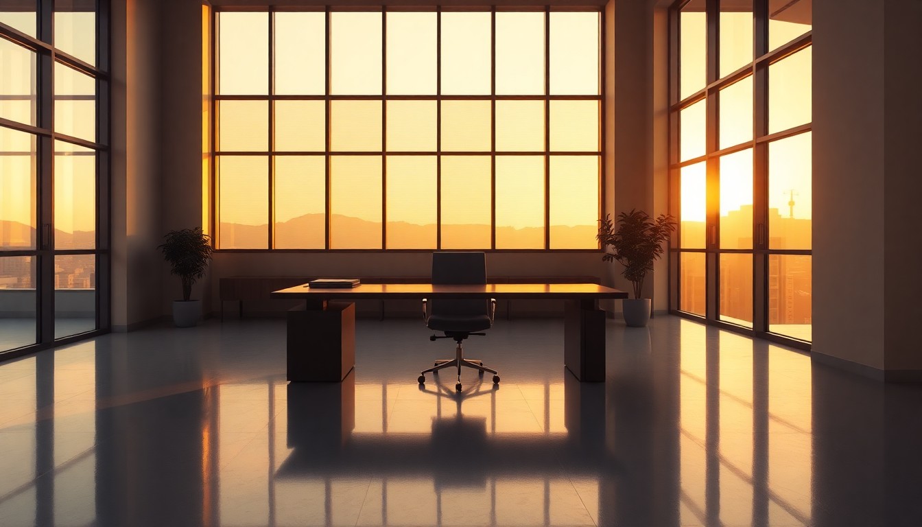 A modern office at golden hour