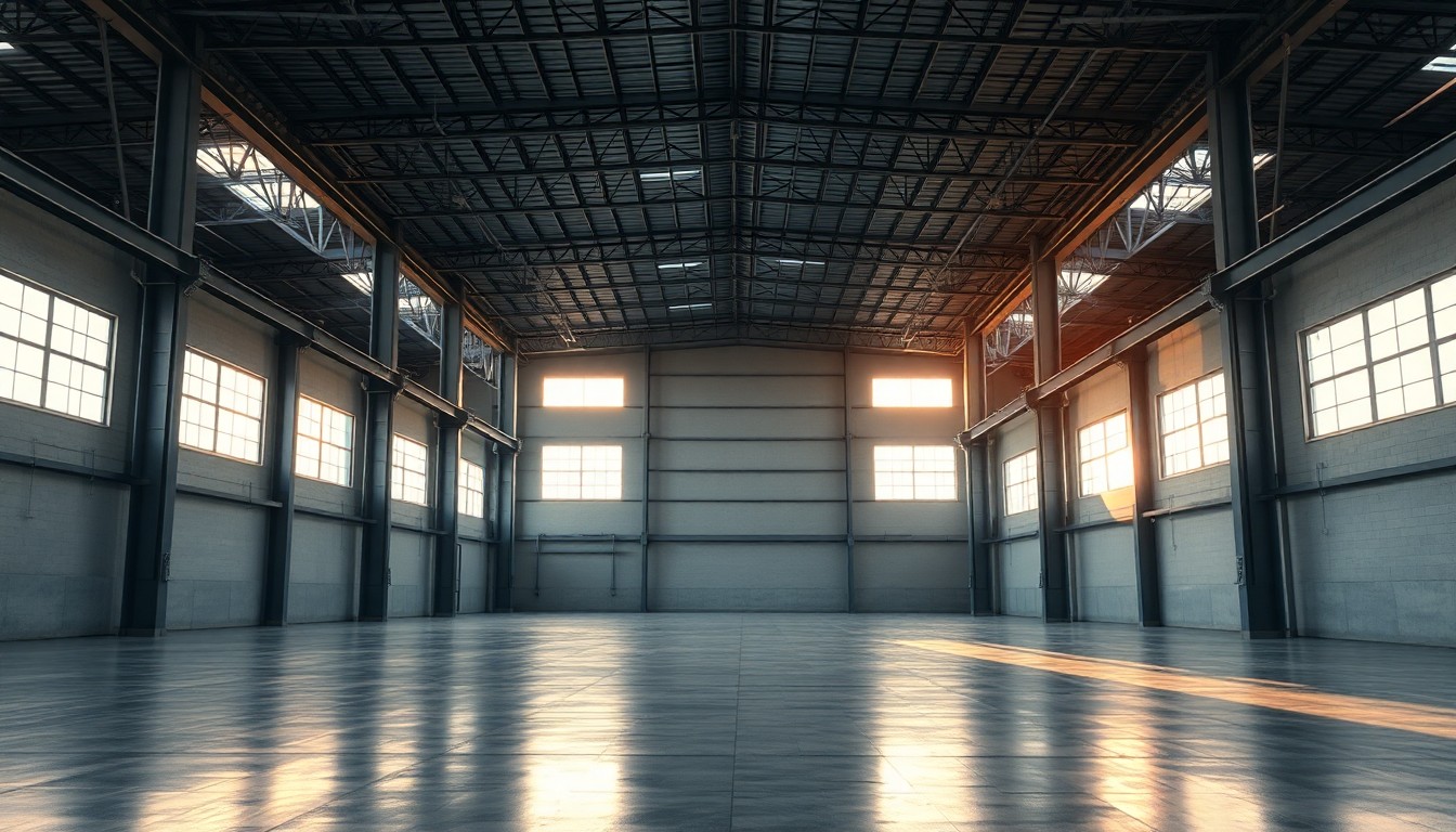 An empty logistics warehouse representing a freight brokerage in transition