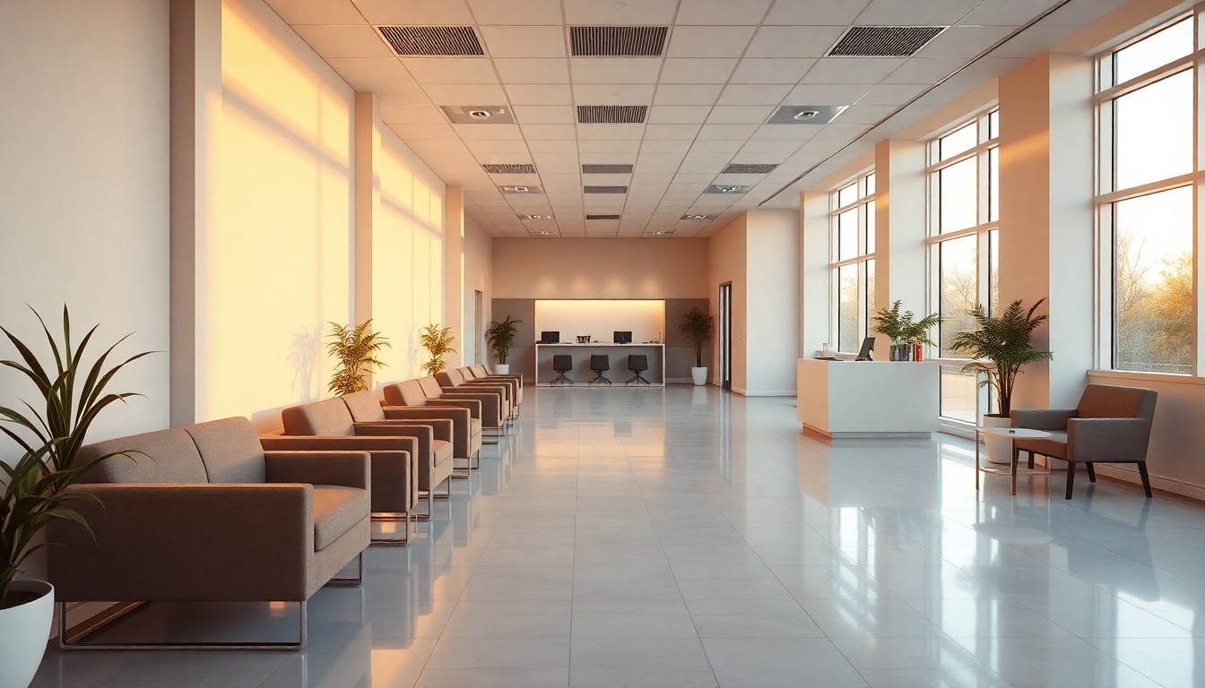 A modern medical office reception area at golden hour