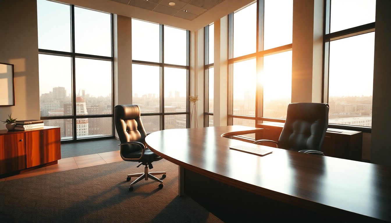 An executive office at golden hour