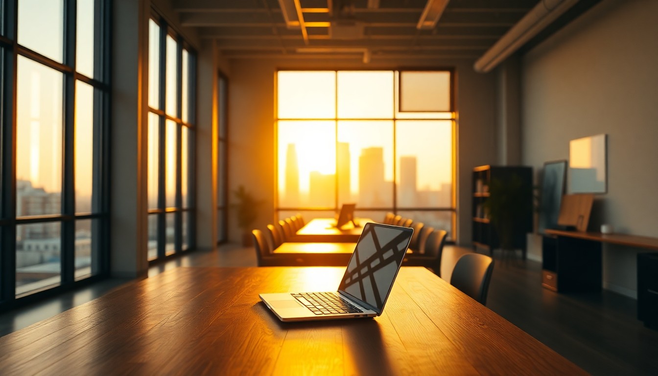 A business owner's office at golden hour