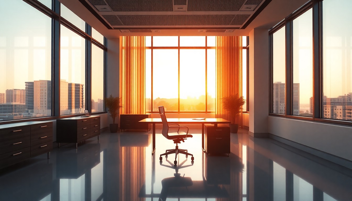 An office at golden hour