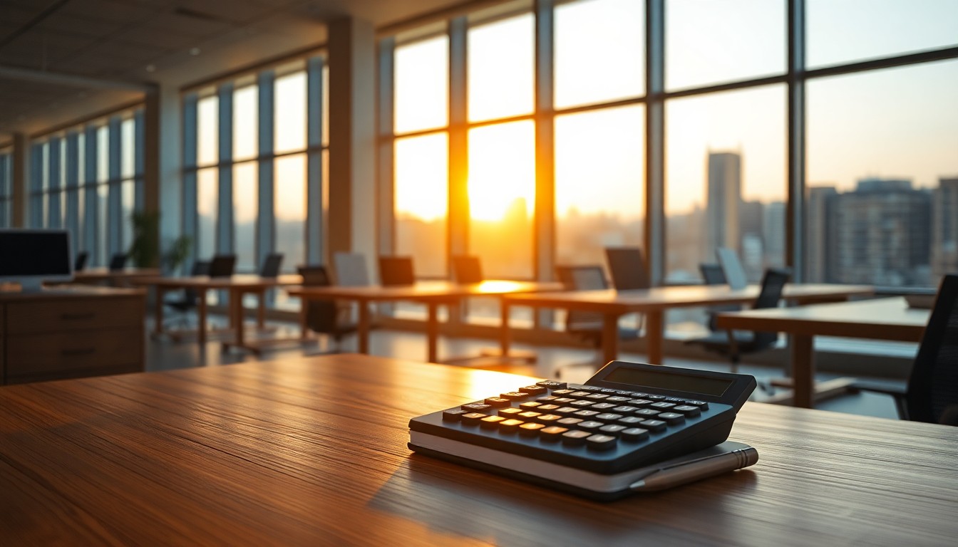 A desk with a calculator at golden hour