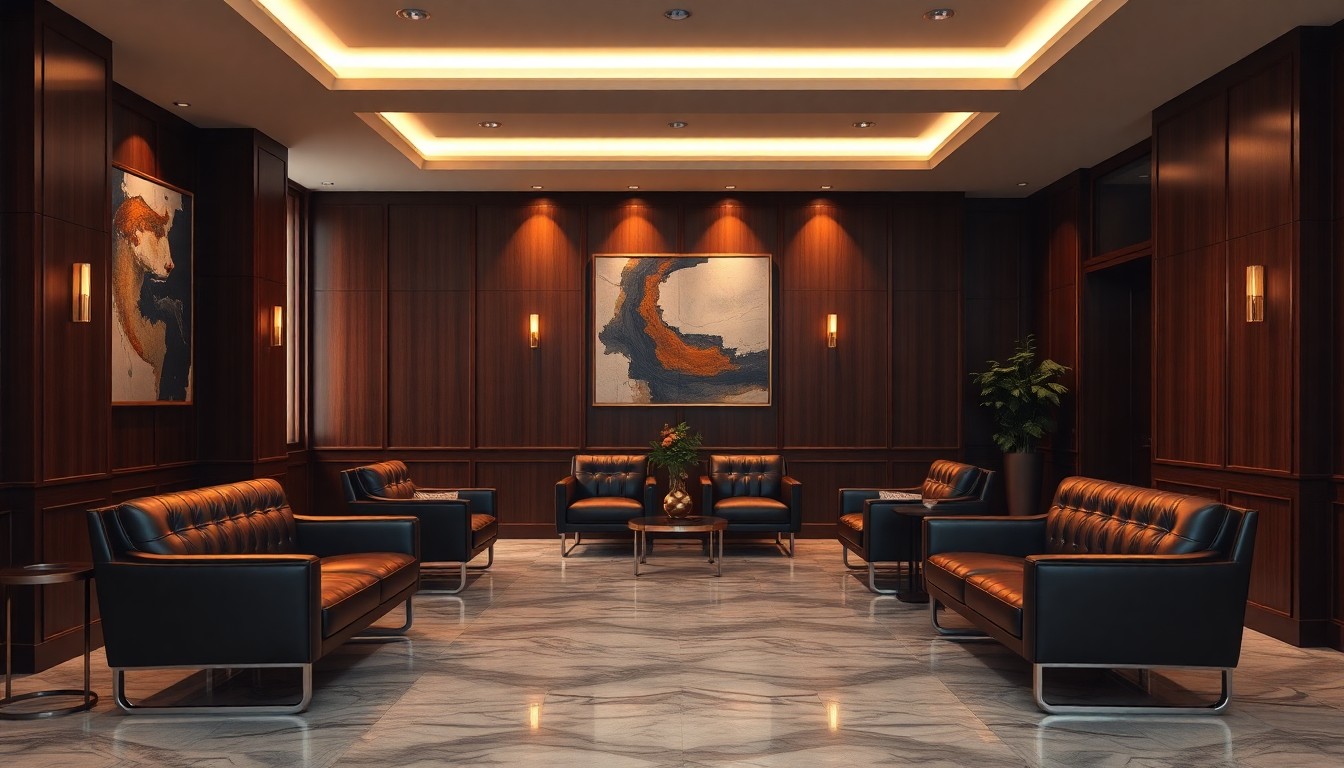 A premium law firm reception area at golden hour