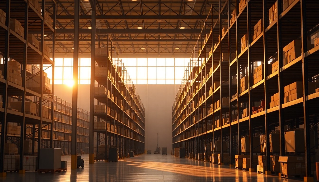 A fulfillment warehouse at golden hour