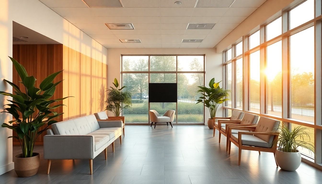 A behavioral health clinic waiting area at golden hour