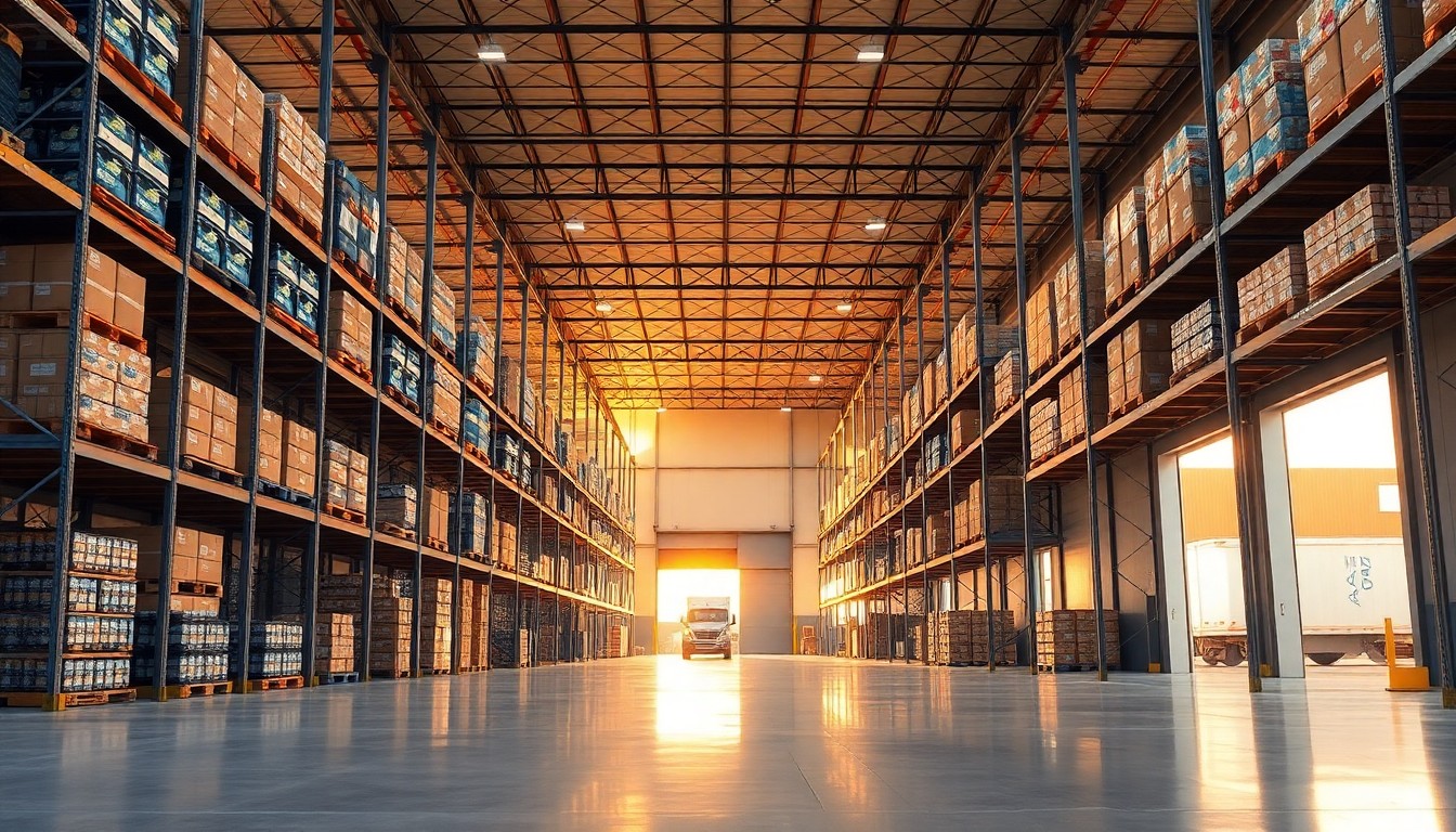 A beverage distribution warehouse at golden hour