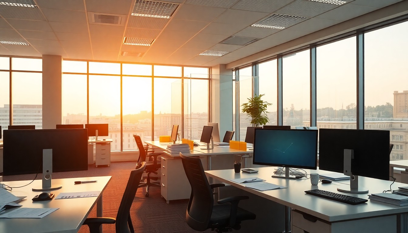 A bookkeeping office interior at golden hour